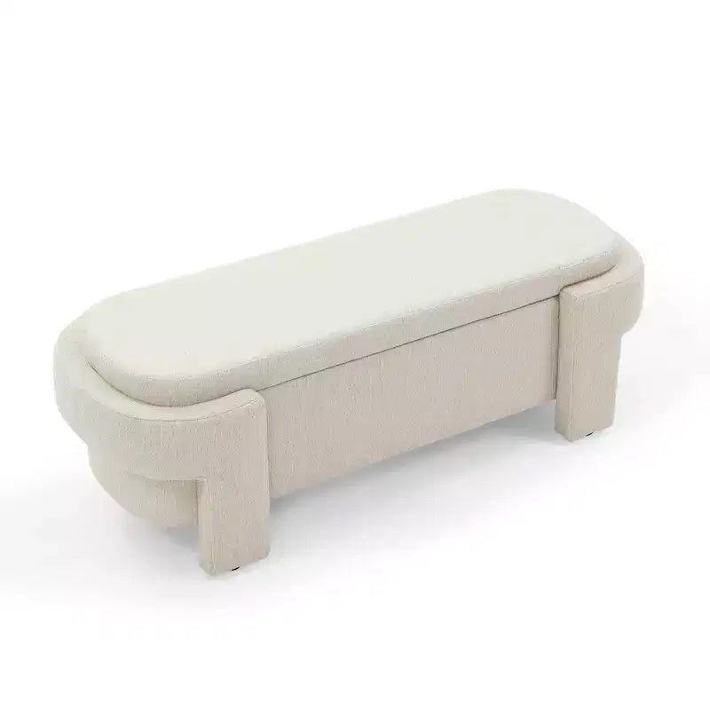 Okak Oval Storage Ottoman with Large Storage Space, Storage Bench with Decorative Wooden Legs and Linen Cushions, Entryway Bench