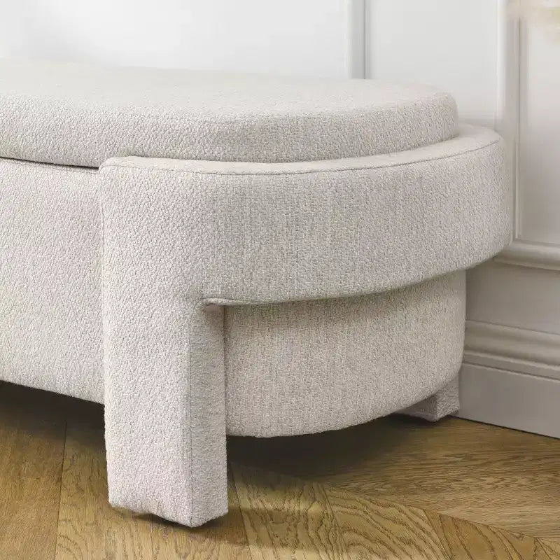 Okak Oval Storage Ottoman with Large Storage Space, Storage Bench with Decorative Wooden Legs and Linen Cushions, Entryway Bench