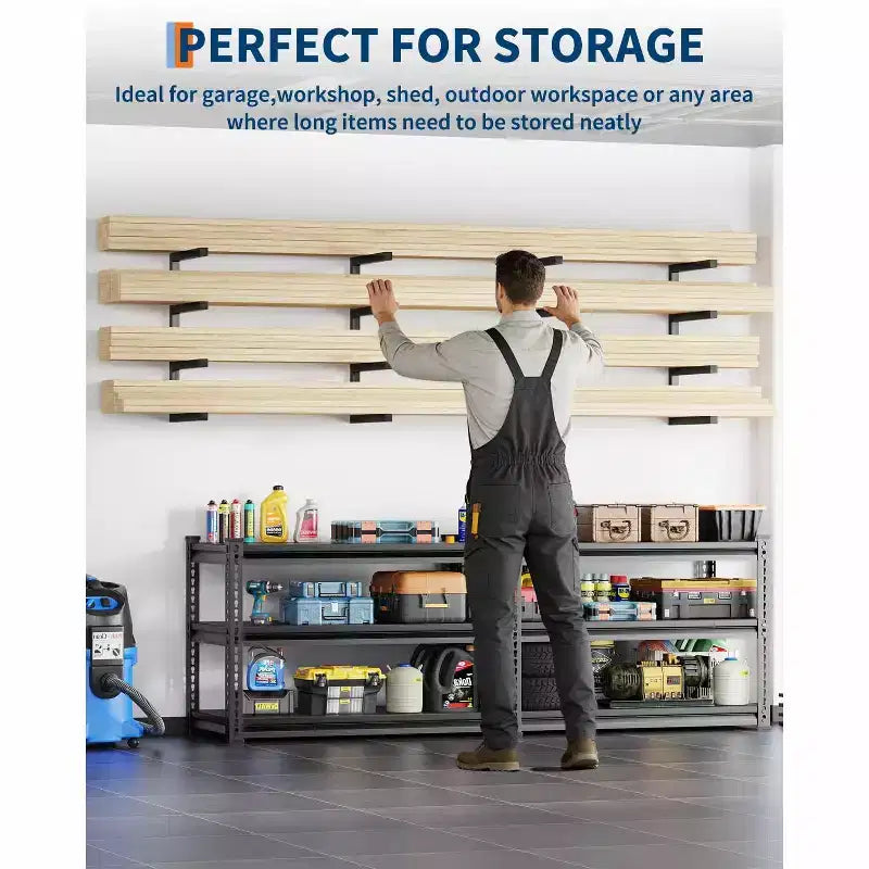 Lumber Storage Rack, Wood Organizer  Set of 8 4-Tier Wall Mount Heavy Duty Steel Shelves 3200LBS Capacity for Shed Workshop Garage Black