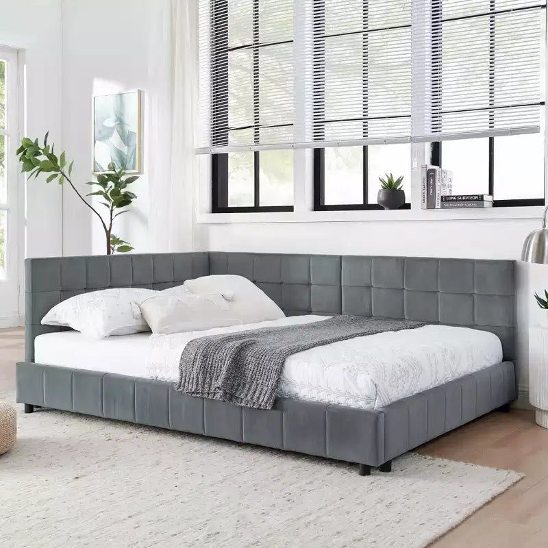 MAYEERTY Full Size Upholstered Tufted Bed Frame with Comfirtable Backrest and Armrests for Bedroom Living Room Gray