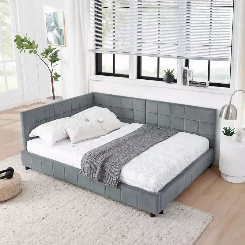 MAYEERTY Full Size Upholstered Tufted Bed Frame with Comfirtable Backrest and Armrests for Bedroom Living Room Gray