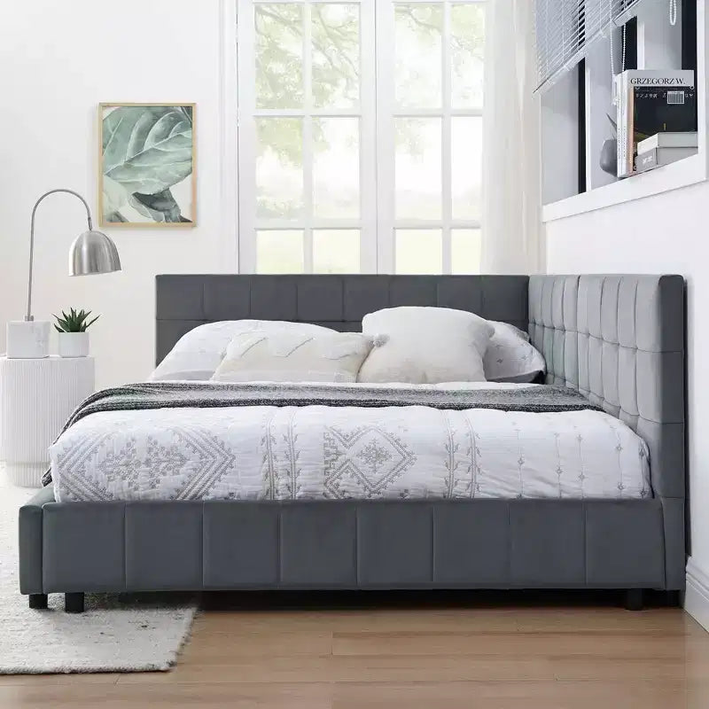 MAYEERTY Full Size Upholstered Tufted Bed Frame with Comfirtable Backrest and Armrests for Bedroom Living Room Gray