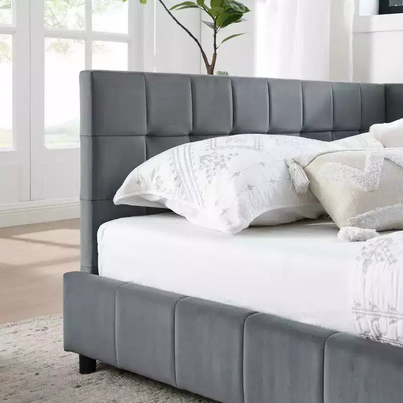 MAYEERTY Full Size Upholstered Tufted Bed Frame with Comfirtable Backrest and Armrests for Bedroom Living Room Gray
