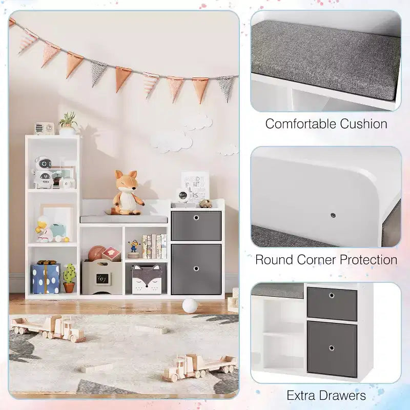 Kids Bookshelf, Dollhouse Bookcase, Reading Nook with Seat, 6-Cubby Kids Cabinet Storage Organizer with Drawers for Playroom Bedroom