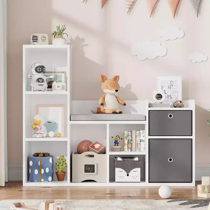 Kids Bookshelf, Dollhouse Bookcase, Reading Nook with Seat, 6-Cubby Kids Cabinet Storage Organizer with Drawers for Playroom Bedroom