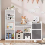 Kids Bookshelf, Dollhouse Bookcase, Reading Nook with Seat, 6-Cubby Kids Cabinet Storage Organizer with Drawers for Playroom Bedroom
