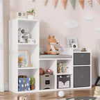 Kids Bookshelf, Dollhouse Bookcase, Reading Nook with Seat, 6-Cubby Kids Cabinet Storage Organizer with Drawers for Playroom Bedroom