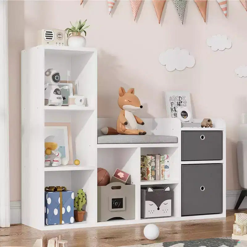 Kids Bookshelf, Dollhouse Bookcase, Reading Nook with Seat, 6-Cubby Kids Cabinet Storage Organizer with Drawers for Playroom Bedroom
