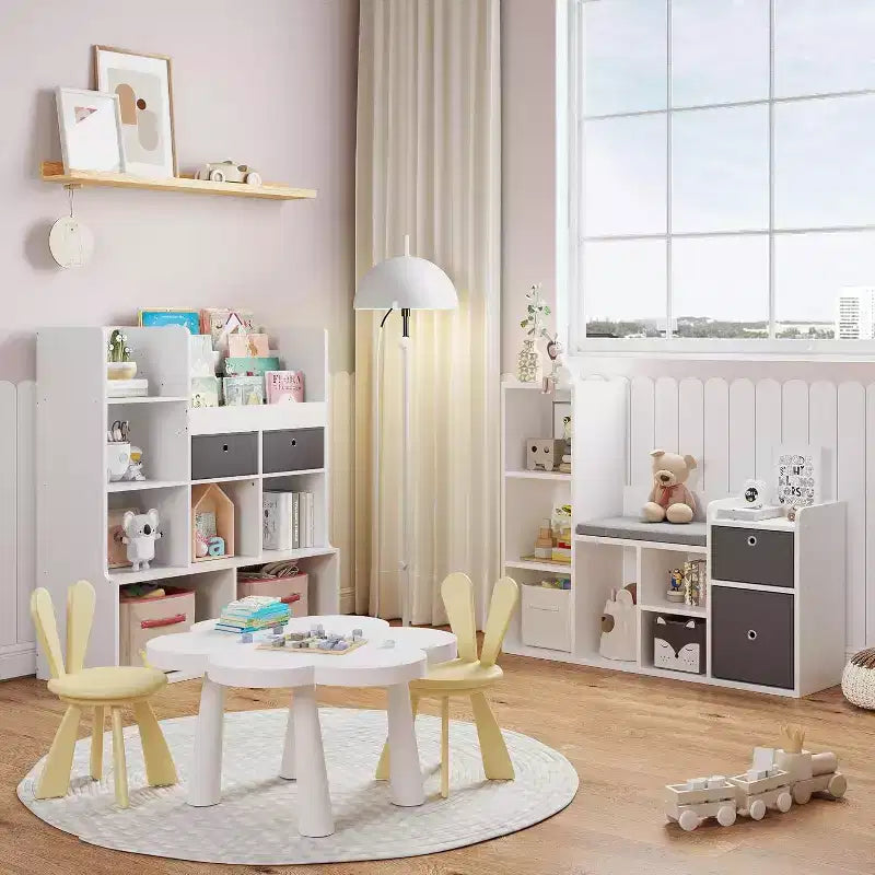 Kids Bookshelf, Dollhouse Bookcase, Reading Nook with Seat, 6-Cubby Kids Cabinet Storage Organizer with Drawers for Playroom Bedroom
