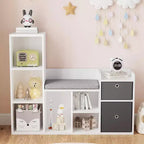 Kids Bookshelf, Dollhouse Bookcase, Reading Nook with Seat, 6-Cubby Kids Cabinet Storage Organizer with Drawers for Playroom Bedroom