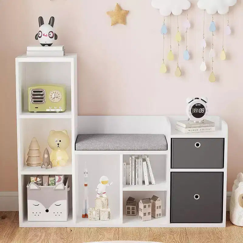 Kids Bookshelf, Dollhouse Bookcase, Reading Nook with Seat, 6-Cubby Kids Cabinet Storage Organizer with Drawers for Playroom Bedroom