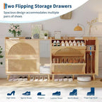 Natural Rattan Hidden Shoe Cabinet | Mirror + Adjustable Shelves, 2 Flip Drawers for Living Room, Entryway, Hallway