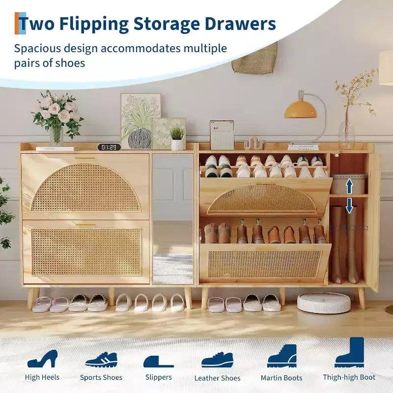 Natural Rattan Hidden Shoe Cabinet | Mirror + Adjustable Shelves, 2 Flip Drawers for Living Room, Entryway, Hallway