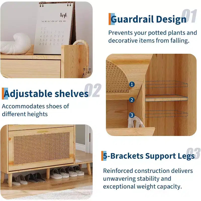 Natural Rattan Hidden Shoe Cabinet | Mirror + Adjustable Shelves, 2 Flip Drawers for Living Room, Entryway, Hallway