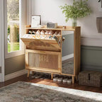 Natural Rattan Hidden Shoe Cabinet | Mirror + Adjustable Shelves, 2 Flip Drawers for Living Room, Entryway, Hallway