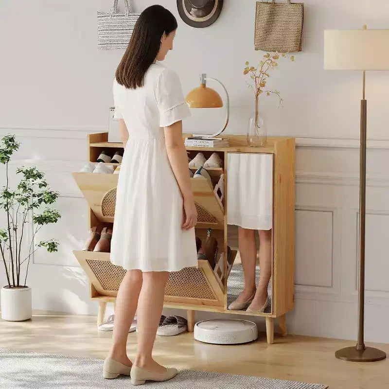 Natural Rattan Hidden Shoe Cabinet | Mirror + Adjustable Shelves, 2 Flip Drawers for Living Room, Entryway, Hallway
