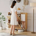 Natural Rattan Hidden Shoe Cabinet | Mirror + Adjustable Shelves, 2 Flip Drawers for Living Room, Entryway, Hallway