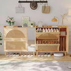 Natural Rattan Hidden Shoe Cabinet | Mirror + Adjustable Shelves, 2 Flip Drawers for Living Room, Entryway, Hallway