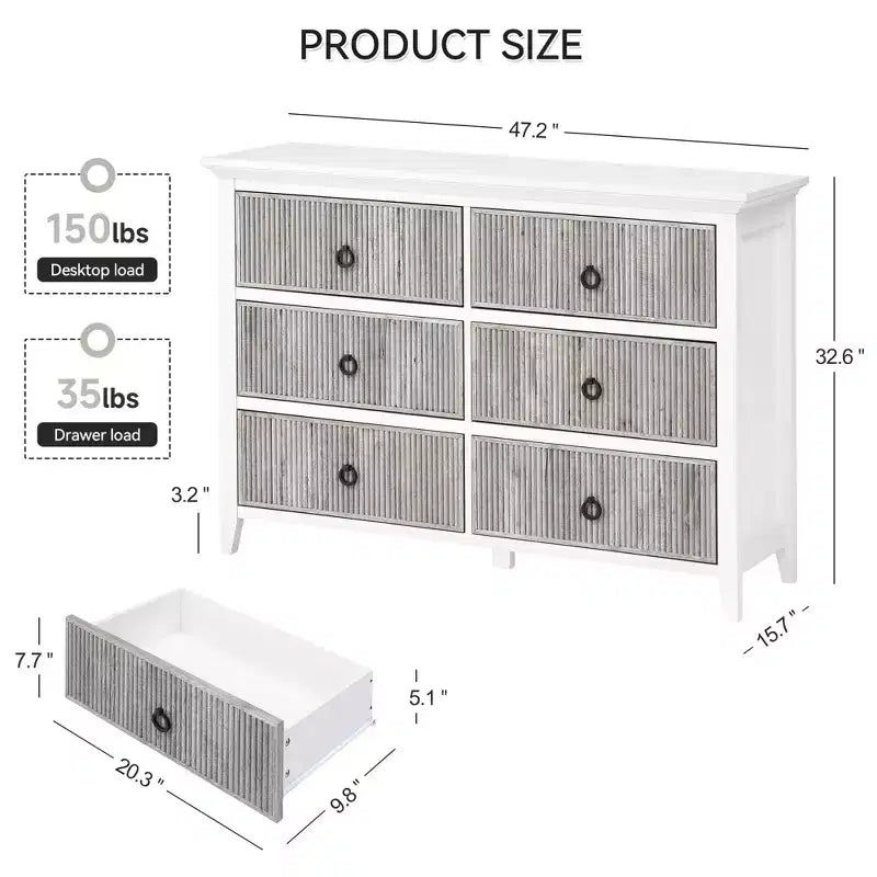 COZONY Modern 6-Drawer Fluted Dresser with Wave Panel, Anti-Tip Storage Chest for Bedroom, Living Room & Hallway