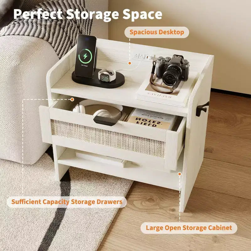 Set of 2 Rattan Nightstand with Charging Station,Boho Bedside Table with Drawer & Open Shelf for Bedroom, Living Room & Office