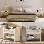 Set of 2 Rattan Nightstand with Charging Station,Boho Bedside Table with Drawer & Open Shelf for Bedroom, Living Room & Office