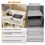Set of 2 Rattan Nightstand with Charging Station,Boho Bedside Table with Drawer & Open Shelf for Bedroom, Living Room & Office