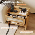 Set of 2 Rattan Nightstand with Charging Station,Boho Bedside Table with Drawer & Open Shelf for Bedroom, Living Room & Office