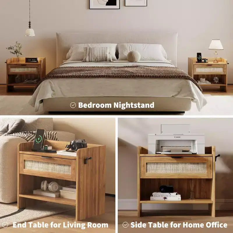 Set of 2 Rattan Nightstand with Charging Station,Boho Bedside Table with Drawer & Open Shelf for Bedroom, Living Room & Office