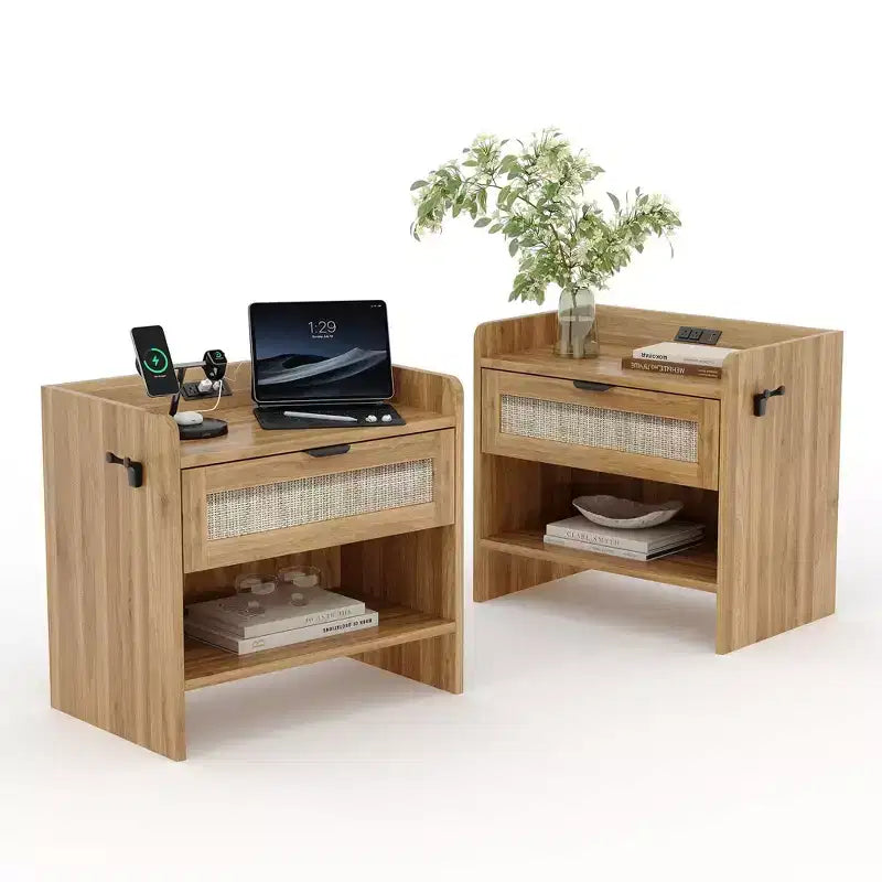 Set of 2 Rattan Nightstand with Charging Station,Boho Bedside Table with Drawer & Open Shelf for Bedroom, Living Room & Office
