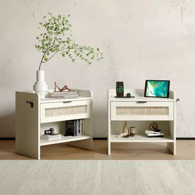 Set of 2 Rattan Nightstand with Charging Station,Boho Bedside Table with Drawer & Open Shelf for Bedroom, Living Room & Office
