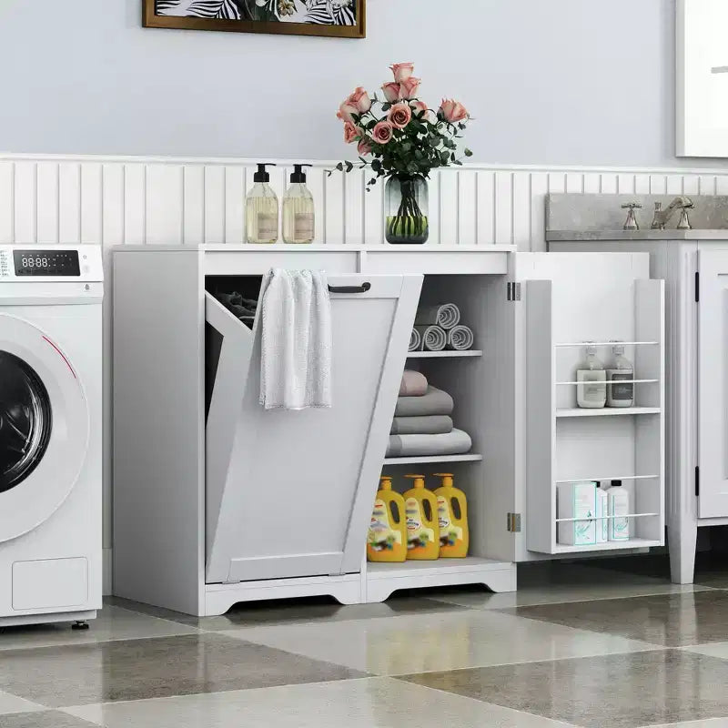 JVNOXK 31.50inch Laundry cabinet with doors and shelves, tilting pull-out laundry basket, adjustable shelves, white