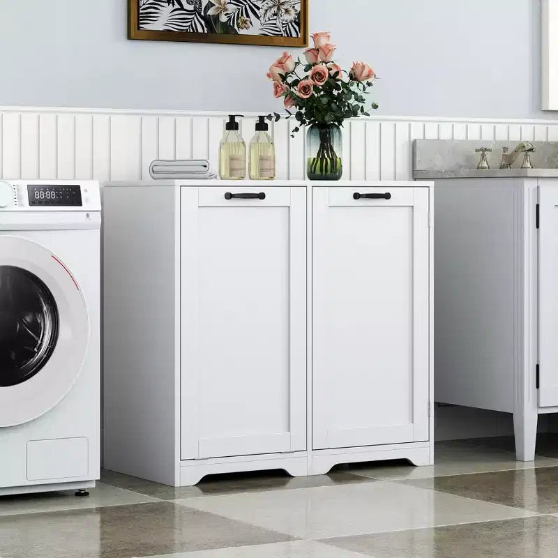 JVNOXK 31.50inch Laundry cabinet with doors and shelves, tilting pull-out laundry basket, adjustable shelves, white