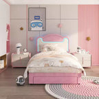 Double Upholstery Bed Frame, Strong Wooden Support, no Spring Box, with Drawers, Suitable for Children's Room, Pink and White