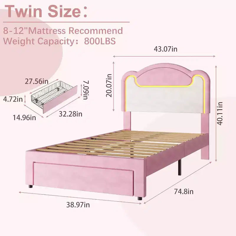 Double Upholstery Bed Frame, Strong Wooden Support, no Spring Box, with Drawers, Suitable for Children's Room, Pink and White
