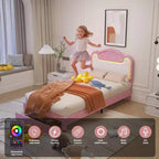Double Upholstery Bed Frame, Strong Wooden Support, no Spring Box, with Drawers, Suitable for Children's Room, Pink and White
