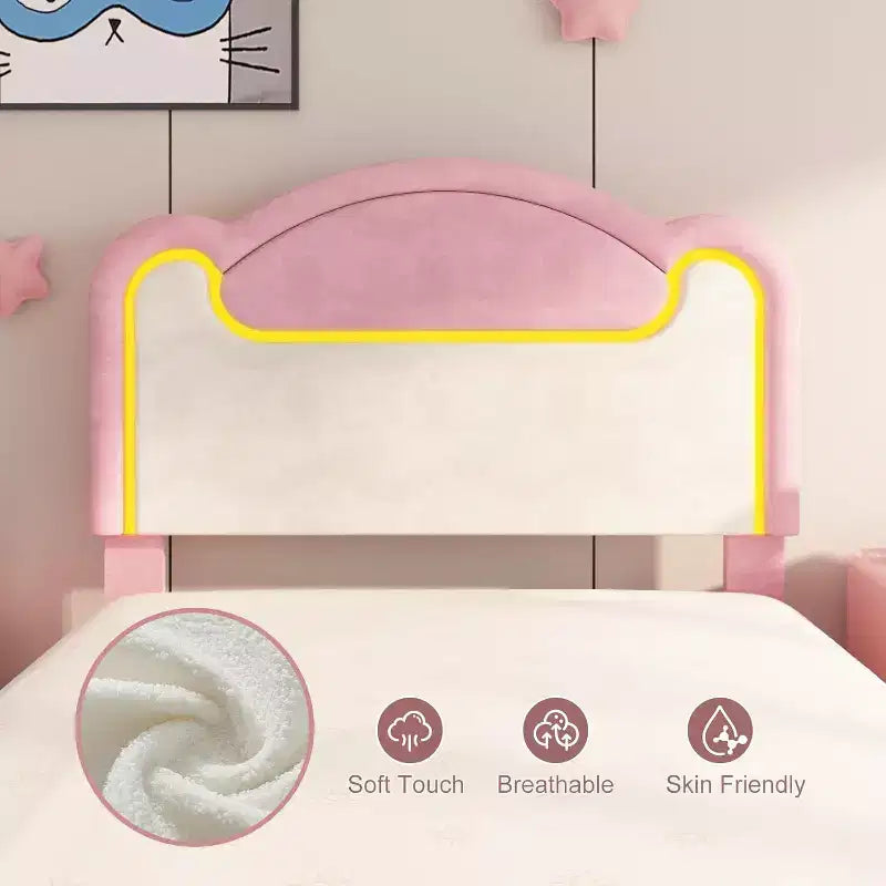 Double Upholstery Bed Frame, Strong Wooden Support, no Spring Box, with Drawers, Suitable for Children's Room, Pink and White