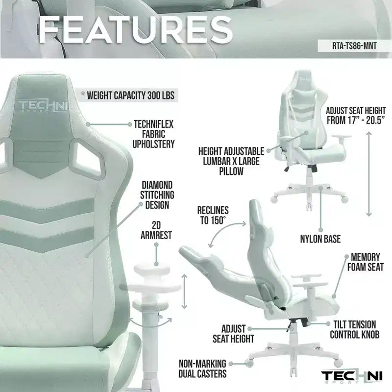 TUYOHW 300lbs Swivel Gaming Chair with Adjustable Height,Lumbar&Head Pillow,Wheels,Ergonomics Office Chairs Video Game Chaise for Office&Home