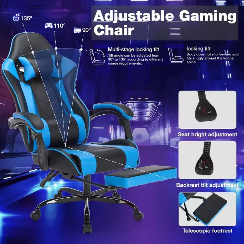 TUYOHW 360Swivel Gaming Chair Office Chairs with Wheels,Reclining Back,Adjustable Seat Height&Footrest,Ergonomics Video Game Chairs,300lbs Max