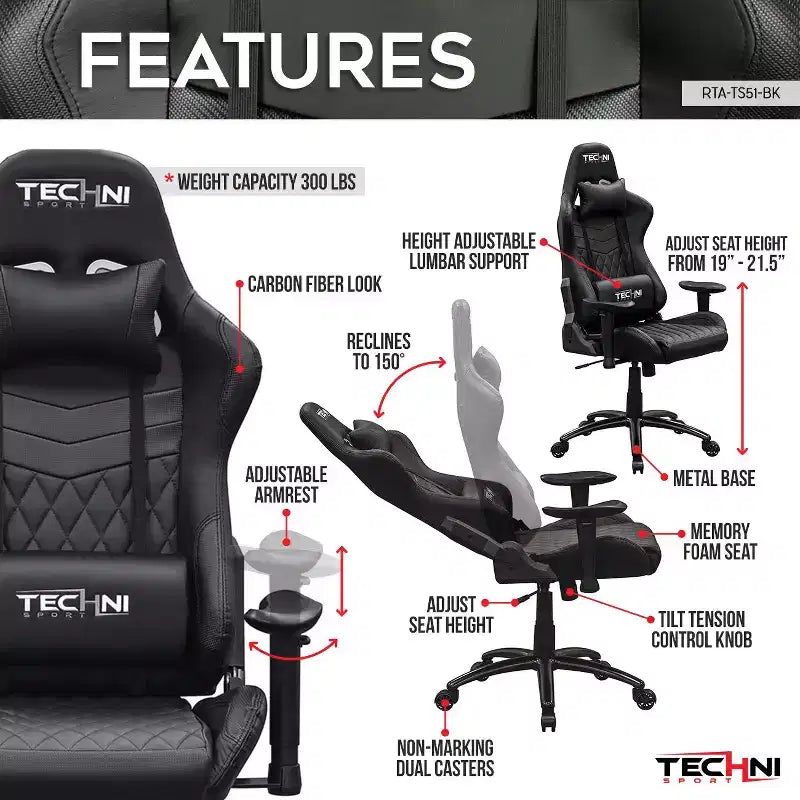 TUYOHW Adjustable Ergonomics Gaming Chair,360 Swivel Office Chairs with Head&Lumbar Pillow,90-150 Reclining Chair for Office&Home,300lbs Max,Black