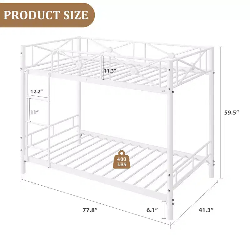 White Twin Metal Bunk Bed,Industrial Loft Design,Safety Guard Rails  Space-Saving Steel Frame for School, Bedroom