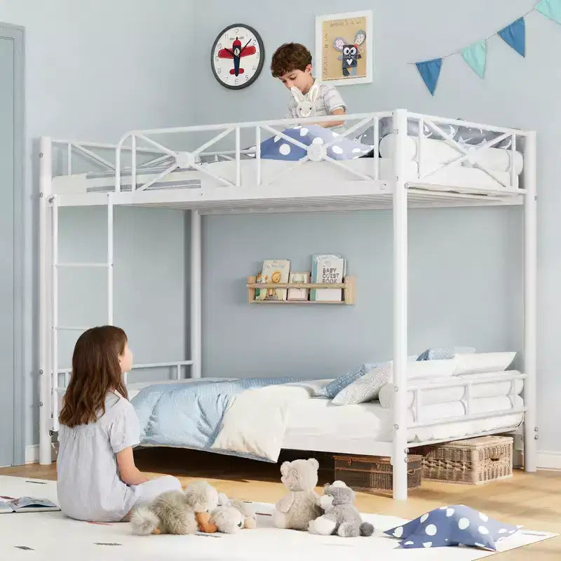 White Twin Metal Bunk Bed,Industrial Loft Design,Safety Guard Rails  Space-Saving Steel Frame for School, Bedroom