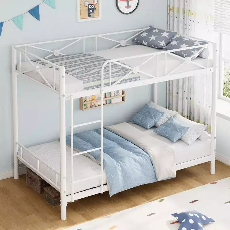 White Twin Metal Bunk Bed,Industrial Loft Design,Safety Guard Rails  Space-Saving Steel Frame for School, Bedroom