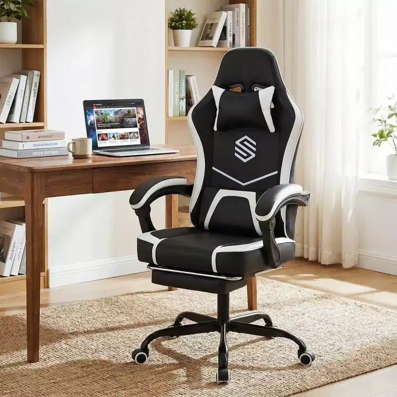 Costway Gaming Chair with Headrest, Lumbar Support, Linkage Armrests, Reclining Backrest Black & White/Navy Blue & Black