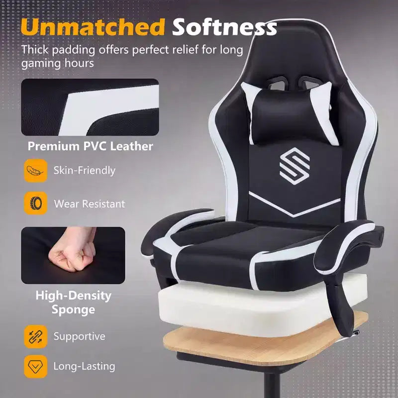 Costway Gaming Chair with Headrest, Lumbar Support, Linkage Armrests, Reclining Backrest Black & White/Navy Blue & Black