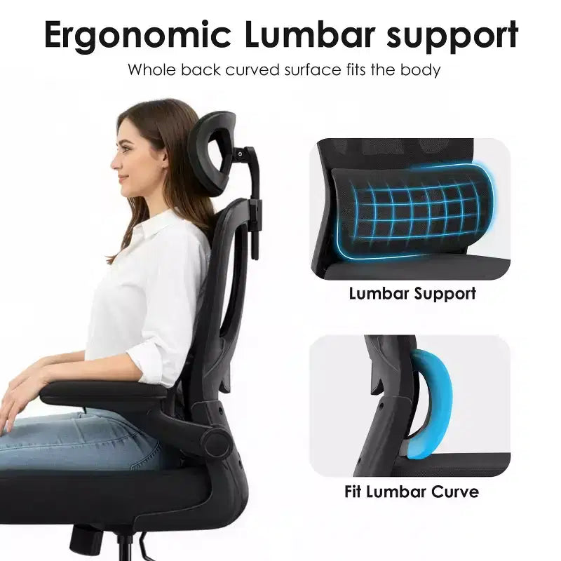 TUYOHW Ergonomic Mesh Office Chair with Adjustable Lumbar Support,Headrest & Flip-Up Armrests,Home Office Desk Chair for Study,Gaming Room