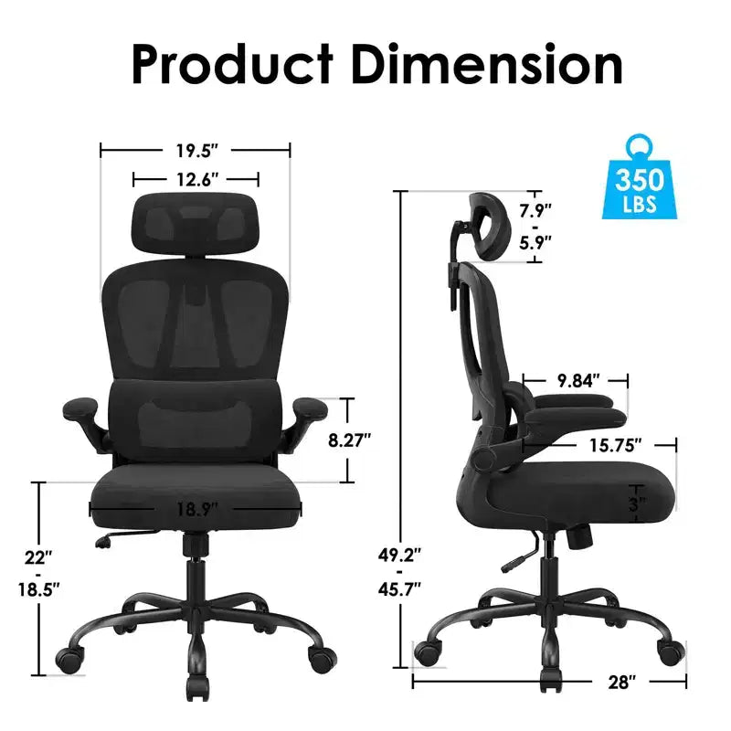 TUYOHW Ergonomic Mesh Office Chair with Adjustable Lumbar Support,Headrest & Flip-Up Armrests,Home Office Desk Chair for Study,Gaming Room