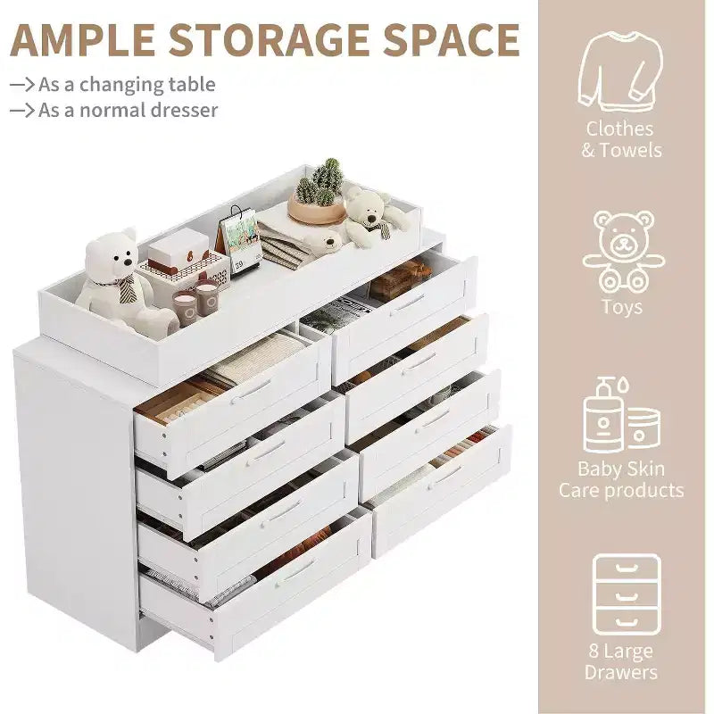 Nursery Dresser with Changing Table Top,Modern Baby Dresser with 8 Wood Drawers,Multi-Drawer Storage Diaper Changing Station with Safety Shelf Top