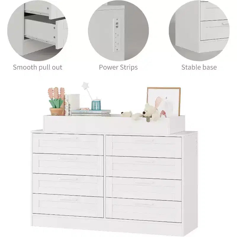 Nursery Dresser with Changing Table Top,Modern Baby Dresser with 8 Wood Drawers,Multi-Drawer Storage Diaper Changing Station with Safety Shelf Top