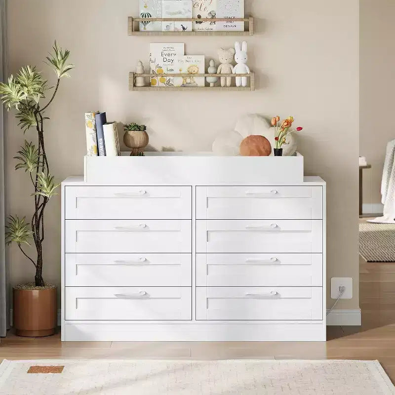 Nursery Dresser with Changing Table Top,Modern Baby Dresser with 8 Wood Drawers,Multi-Drawer Storage Diaper Changing Station with Safety Shelf Top