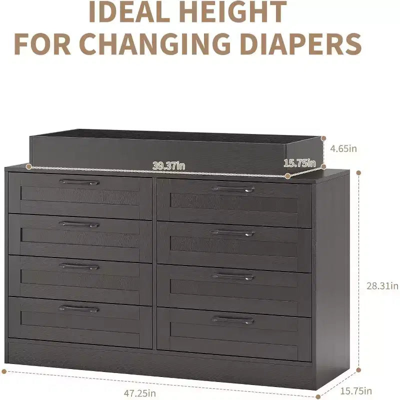 Nursery Dresser with Changing Table Top,Modern Baby Dresser with 8 Wood Drawers,Multi-Drawer Storage Diaper Changing Station with Safety Shelf Top